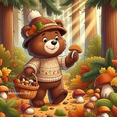 a brown teddy bear holding a basket of mushrooms in the middle of a forest filled with trees