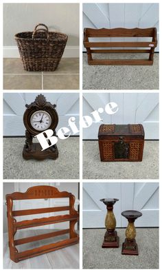 four different pictures of wooden benches and baskets in various stages of being repurposed