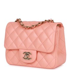 This Chanel Mini Square flap bag is of pink lambskin leather with light gold tone hardware and has a front flap with signature CC turnlock closure, rear half moon pocket, single interwoven pink leather and light gold tone chain link shoulder/crossbody strap. The interior is lined in pink leather and features a zipper pocket with Chanel pull and an open pocket below. Collection: 2022 (RFID Chip) Origin: Italy Condition: Pristine; new or never worn Accompanied by: Chanel box, Chanel dustbag, ribbo Chanel Rose, Chanel Girl, Chanel Mini Rectangular, Chanel Mini Square, Tas Bahu, Chanel Box, Chanel Pink, Dream Bag, Chanel Pearls