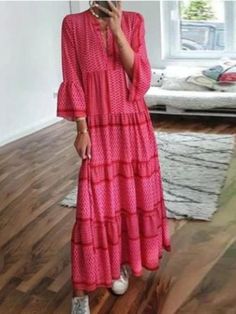 Casual Red V-neck Midi Dress, Pink V-neck Maxi Dress For Fall, Red V-neck Dress For Spring Vacation, Red V-neck Dress For Vacation, Red Bohemian V-neck Dress, Red V-neck Bohemian Dress, Red Flowy V-neck Dress, Red Bohemian V-neck Midi Dress, Red V-neck Vacation Dress