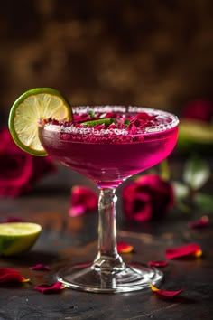 a purple drink with a lime slice on the rim and rose petals scattered around it