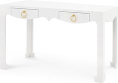 a white desk with two drawers and gold handles on the top, against a white background