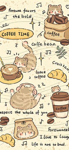 an illustrated drawing of coffee time with breads and other things to make it look like they