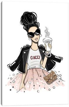 a woman with sunglasses holding a cup of coffee and wearing a gucci t - shirt