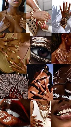 a collage of photos with different types of jewelry on their fingers and hands,