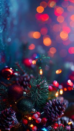 a bunch of christmas decorations on top of a tree with lights in the back ground