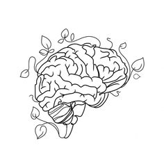 a black and white drawing of a brain with leaves coming out of the top half