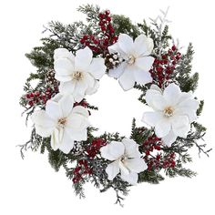 a christmas wreath with white flowers and red berries on the front, isolated against a white background