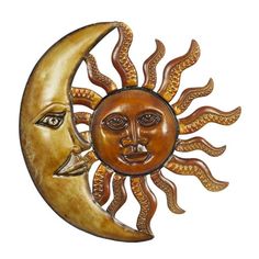 a metal sun and moon with faces painted on it's sides, against a white background