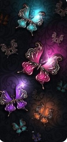 colorful butterflies on a black background with swirls and sparkles in the dark photo