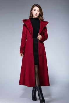 Red winter coat, wool coat 1861# Wine Red Coat, Casual Leather Jacket Outfit, Red Winter Coat, Red Peacoat, Coat Check, Villain Outfits, Hooded Wool Coat, Dress Designing