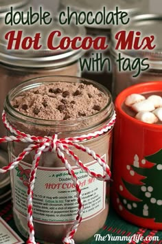 chocolate hot cocoa mix in a jar with christmas decorations around it and the words, double chocolate hot cocoa mix with tags