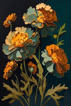 an oil painting of orange and blue flowers in a vase on a black background with green leaves