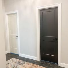 two black doors in an empty room with tile flooring and rug on the floor