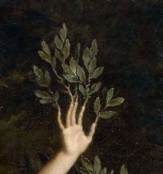 a painting of a person's hand reaching for leaves