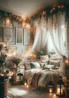 a bedroom decorated in white with lots of lights