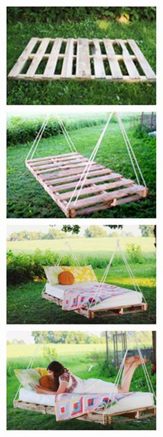 three different views of a woman laying on a bed frame in the grass, and another showing