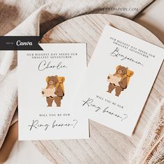 two cards with brown bears on them sitting next to each other