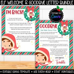 the elf welcome and goodbye letter bundle is shown in red, green, and white