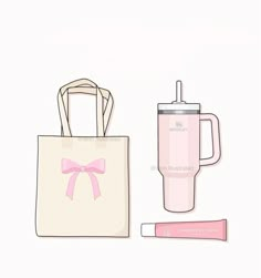 a white bag with a pink bow and a cup next to it