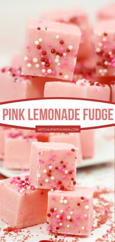 pink lemonade fudge on a plate with sprinkles in the background