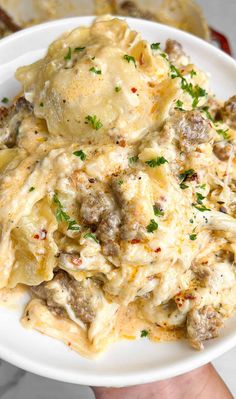 a white plate topped with pasta and meat covered in gravy