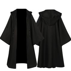 a black cloak with hood and sleeves on the front, back and side views are shown