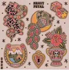 an assortment of stickers with flowers, hearts and other things in them that say hearty petal