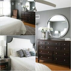 four different pictures of a bedroom with white furniture and gray walls, including a large round mirror on the wall