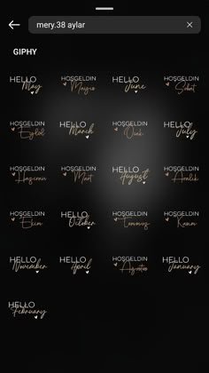 an iphone screen showing the names of different types of font and numbers in gold on a black background