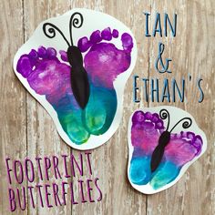 two hand and foot prints made out of paper on a wooden background with text overlay that reads, jan & ethan's footprints butterflies