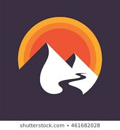 an abstract mountain logo with the sun rising behind it and a road going through it