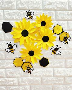 sunflowers and bees on a white brick wall with honeycombs in the background