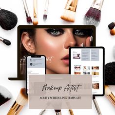 makeup artist's website displayed on tablet and mobile device with various brushes surrounding it