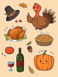 thanksgiving stickers with turkey, pumpkins and other items