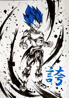 a drawing of gohan with blue hair and black paint on it's face