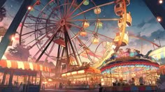 an amusement park at night with ferris wheel and people on the carousels in the foreground