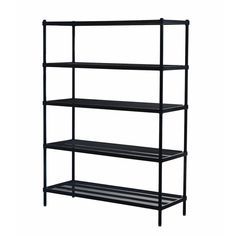 black shelving unit with four shelves on each side and one shelf above the other