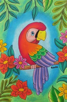 a painting of a colorful parrot perched on a branch with flowers and leaves around it