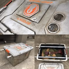 there are three different metal boxes on the ground and one has an orange star wars emblem