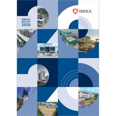 the annual report cover is shown in blue and white, with images of various buildings