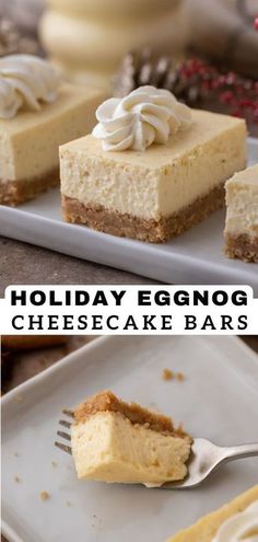 there is a slice of eggnog cheesecake on the plate