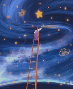 a painting of a person on a ladder reaching up to the stars