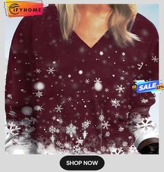 Women's Pullover Sweatshirt Red Sunflower Snowflake Print Long Sleeve Christmas Daily Casual Holiday Christmas V Neck L Casual V-neck Holiday Tops, Red Long Sleeve Christmas Tops, Red Holiday Top For Winter, Winter Holiday Long Sleeve Tops, Red Tops For Winter Holiday, Red Long Sleeve Tops For New Year, Casual Red Christmas Tops, Casual Red Top For New Year, Red V-neck Top For Christmas