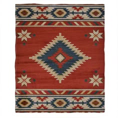 a red, blue and white rug with geometric designs on the bottom half of it