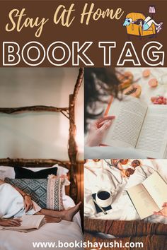 the words stay at home book tag are in front of an image of a woman reading