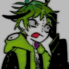 an anime character with green hair holding a cell phone to his ear and looking at the camera