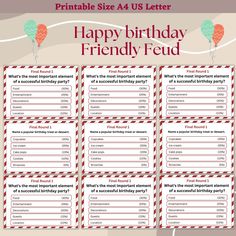 printable birthday party game for friends with balloons and candy canes on the table