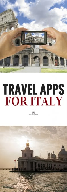 two photos with the words travel apps for italy on them and an image of a building in