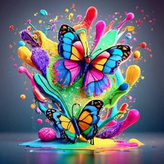 the colorful butterflies are flying out of the water and splashing on the ground,